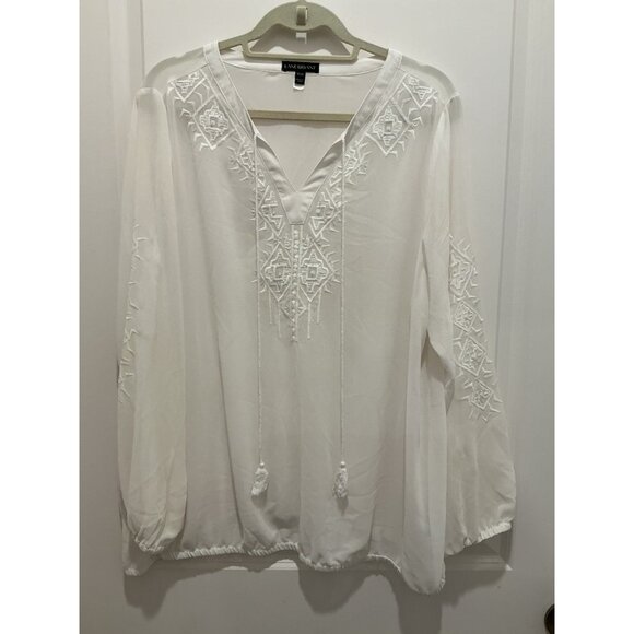 Lane Bryant Blouse 18/20 Winter White VNeck Pullover Stitched Design Clear Beads - Picture 1 of 7